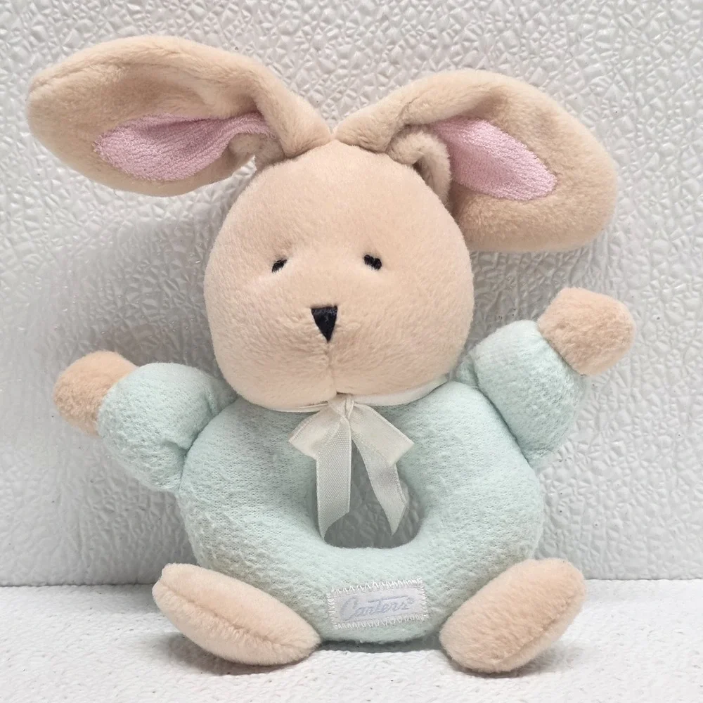 Carters Vintage Ring Rattle Plush Bunny Rabbit Baby Toy Pastel Green
